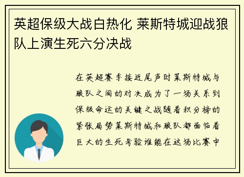英超保级大战白热化 莱斯特城迎战狼队上演生死六分决战
